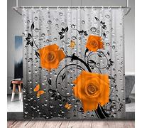 Orange Flower Shower Curtain 120 x 200 cm Rose Shower Curtains Mould Proof Resistant Polyester Fabric Bath Curtain, Waterproof Washable Bathroom Curtains with 8 Plastic Hooks for Wet Room