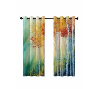 Orange Forest Blackout Curtains for Bedroom Living Room, Retro Red Orange Green Tree Branch Watercolor Botanical 63 In Long Thermal Insulated Room Darkening Drapes Grommet Window Treatment 52 x 63 In