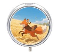 Orange Fox Spill Case with Mirror Retro 3 Compartments Small Pill Organizer Metal Round Pill Box or Vitamins Fish Oil Supplement Pill Container for Travel Purse Pocket