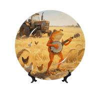 Orange Frog Playing Banjo Bone China Decorative Plate,10in（25cm） Ceramic Decorative Plates with Display Stand,Ceramic Ornaments Art Porcelain Plate for Home Office Wall Decor Collections Plates