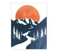 Orange Full Moon Over Blue Mountain Hiking Trail Wall Art Print Artery8 Orange W24 inch x H32 inch