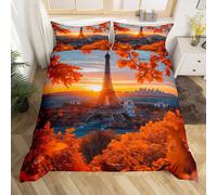 (Orange Gary, Super King(No Comforter)) Homewish Paris Bedding Set Romantic Eiffel Tower Painting Comforter Cover,Fall Leaves Cityscape Duvet Cover Double Paris Gifts Bed Set for Woman