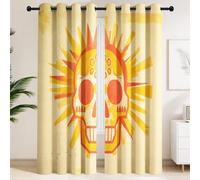 Orange Geometric Curtains & Drapes, Blackout Curtains 2 Panels W 52" x L 84", Darkening Eyelet, Skulls Sunburst Day Of The Dead Retro NostalgicPrint Pattern for Mexican Culture Lovers