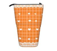 Orange Gingham Standing Pencil Case Heart Pen Pouch Holder Telescopic Pencil Bag Pop Up Cosmetics Bag Stationery Organizer for School Office Travel