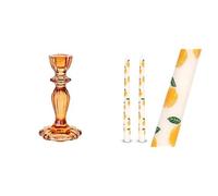 Orange Glass Candlestick Holder & Lemon Design Tapered Dinner Candles Bundle