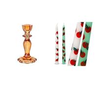 Orange Glass Candlestick Holder & Tomato Design Tapered Dinner Candles Bundle