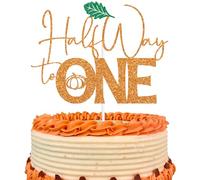 Orange Glitter Half Way to One Cake Topper, Pumpkin It's My 1/2 Birthday Décor, Funny Fall Autumn Leaves Themed Baby's Half Birthday Baby Shower Party Decorations Supplies