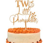 Orange Glitter Two Little Pumpkins Cake Topper, Due With Two/It's Twins, Pumpkin Autumn Fall Themed Baby Shower Baby's Birthday Party Decorations Supplies for Baby Twins