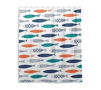 Orange Green Blue Fish Seamless Tribal Ethnic Fishes on White Waterproof Shower Curtain, Machine Washable Polyester Cloth with 12 Hooks, No Smell Bath Tub Stall Curtain Liner 48"(W) x72(H)