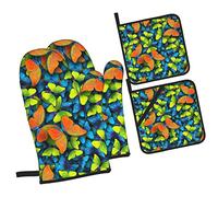 Orange Green Butterfly Fansmall Black and WhiteMushroom Oven Mitts and Pot Holders Sets of 4,NonSlip Heat Resistant Oven Gloves for Baking Cooking Grilling BBQ