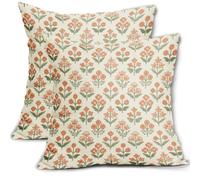 Orange Green Floral Block Print Pillow Covers 16x16 Inch Set of 2, Vintage Flower Pattern Decorative Throw Pillowcases Outdoor Farmhouse Cushion Covers Spring Summer Rustic Sofa Couch Bed Decor