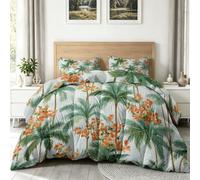 Orange Green Printed Coverless Duvet, Palm Tree Floral Reversible Patterned King Quilt Comforter, Tropical Plants Washable All Seasons Bedding Set with 2 Pillowcases for Adults Unisex, 200 X 220 cm