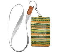 Orange Green Stripe Pattern Doodle Art Leather Secure Badge Holder with Lanyard and 3-Card Capacity id Card Holders for Staffs Officers Students Doctors Employees