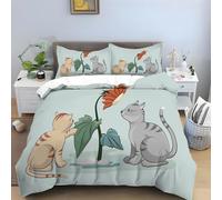 Orange Grey Cat Super King Duvet Cover Sets, Red Flowers Bedding Microfiber with Zipper Closure, Comfortable Easy to Machine Wash and 2 Pillowcases, for Boys and Girls