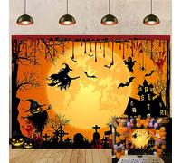 Orange Halloween Party Backdrop Horror Bloodshed Halloween Photography Background Full Moon Night Castle Witch Ghost Pumpkin Halloweens Party Decorations Banner Photo Background (7X5FT(210x150cm))