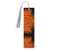 Orange Halloween Party -Print Wooden Bookmarks with Tassel for Readers and Book Lovers - Artistic Handmade Gifts for Teachers Colleagues Office Desk Decor.