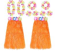 Orange Hawaiian Hula Skirt and Multicoloured Lei Set X2 - Flower Necklace, Headband and Bracelet - 80cm Grass Hula - Luau - Fancy Dress Costume Accessory