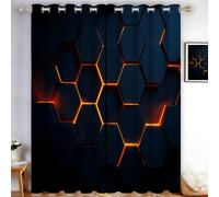 Orange Hexagonal Geometric Shape Blackout Curtains, Modern Technological Style Room Darkening Curtain for Living Room Grommet Thermal Insulated Dark Blue Drapes for Bedroom, 2 Panels, W46 x L72 Inch