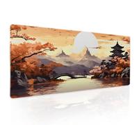 Orange Japanese Sakura Gaming Mouse Pad XL Yellow Cherry Blossom Mountain Aesthetic Large Desk Mat Big Mousepad Non-Slip Rubber Base Stitched Edge Long Desk Pad for Desktop Computer,31.5×11.8 in