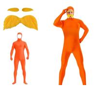 Orange Jumpsuit Morph Suit Costume Adult Yellow Moustache Fake Beard and Eyebrows Full Body Open Face Fancy Dress Costume Accessories Bodysuit Cosplay for Men Parties