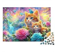 Orange Kittens, Blue Birds, Roses, Waterfall in A Bright, Flowery Scene 1000 Piece Jigsaw Puzzle Cute Cat Great Present for Kids & Adults 38x26cm/1000pcs