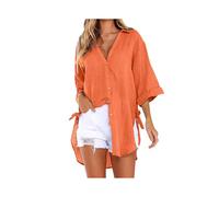 (Orange, L) Lace-up Irregular Shirts And Blouses OL Elegant Blouses For Women Summer Solid V-Neck Half Sleeve Causal Mid-length Loose