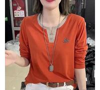 (orange, L) "Women's Long-Sleeve Thin Rhinestone Swan Top - Elegant Summer Style"