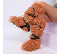 Orange Ladies Warm Long Boots with Hairy Inside and Zero Heel for Winter Comfort High Top Design Round Toe Lace Up Design Casual Use