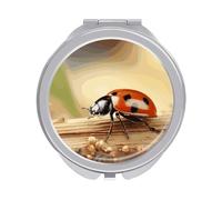 Orange Ladybug on Beige Background Compact Mirror for Purse, Double-Sided 1x/2x Magnifying Metal Pocket Makeup Mirrors, Folding Mini Vanity Mirror, Handheld Round Travel Cosmetic Mirrors for Women
