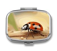 Orange Ladybug on Beige Background Pill Box - 2 Compartment Travel Pill Organizer with Small Mirror, Portable Pillcase for Pocket & Purse, Cute Square Medicine Case, Weekly Medicine Container