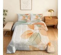 Orange Leaf Double Duvet Coverless, Reversible Design, Modern Green Leaves Comforter & 2 Pillow Cases for Bedroom Decor, 10.5 Tog Ultra Soft Microfibre, All Seasons #a220