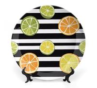 Orange Lemon Slices Black and White Strip Decorative Plate Bone China Plates with Display Stand Personalized Wall Art Crafts 7inch