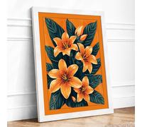 Orange Lilies on Navy Botanical Framed Wall Art Print A4 (29.7×21cm) White, Wall Decor for Living Room, Bedroom, Office & Home, Ready to Hang, Art Gift