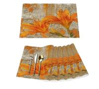 Orange Lily Flowers On Vintage Letter Vinyl Placemats Set of 6 for Dining Tables,Kitchen Table Mats Heat Resistant Washable Wipeable PVC Place Mat