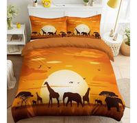 Orange Luxury Duvet Cover Sets Silhouette Wild Aesthetic Soft, Fluffy, Breathable Wild Animals Savannah Bedding Giraffes Elephants Duvet Cover 135 x 200 cm for Girls Boys