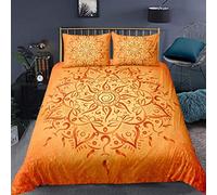 Orange Mandala Flower Bedding Double Bed Set, Luxury Soft Microfiber Bedding Set for Kids Teens Adult, 1 Quilt Cover 200x200 cm with Zipper and 2 Pillowcases 50x75 cm