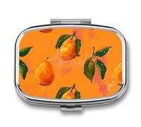 Orange Mango Pattern Pill Box 2 Compartments Portable Travel Pill Case Mini Medicine Organizer for Pocket Purse Metal Waterproof Medicine Container Holder Vitamin Fish Oil