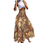 Orange Maxi Skirts for Women UK Summer Boho Skirts Pleated Long Gypsy A Line Swing Elasticated Waist Summer Dresses for Beach Holiday Streetwear
