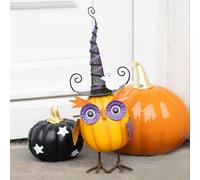 Orange Metal Owl Ornament with Witch Hat and Ghost