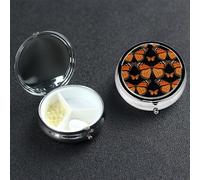Orange Monarch Butterflies Pill Box 3 Compartment Waterproof Pill Container with Mirror Metal Medicine Box Organizer Portable Vitamin Case for Pocket & Purse Travel - Round