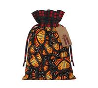 Orange Monarch Butterflies Printing Cute Color Matching Plaid Christmas Bag Drawstring Design For Christmas Party Gift Packaging