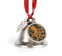 Orange Octopus Pattern Christmas Bells Ornaments Sleigh Jingle Bells with Love Pendant and Hanging Rope, DIY Hanging Ornaments for Xmas Tree Wreath Holiday Crafts Home Decoration, Silver