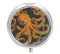 Orange Octopus Pattern Pill Box - 3 Compartment Travel Pill Organizer with Small Mirror, Portable Pillcase for Pocket & Purse, Cute Round Medicine Case, Weekly Medicine Container