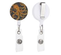 Orange Octopus Pattern Retractable Badge Reel - Personalized ID Name Badge Holder with Lanyard Cute Badges Reel Holder Round Nurse Doctor Name Tag Badges Clip for Work