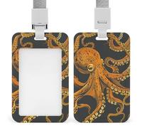 Orange Octopus Pattern Retractable ID Badge Holder with Lanyard - Vertical Badge Reel,Keychain Clip,Name Tag Id Card Holder Protector for Nurse Officer Teacher Security Staff Women Men