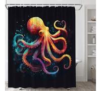 Orange Octopus Shower Curtain Vintage Colorful Nautical Kraken Tentacle Tropical Fish Sea Animals on Black Background Scary Halloween Marine Life Cool Men Polyester Fabric Bathroom Decor with Hooks