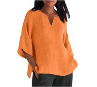 Orange Oversized T Shirts for Women 3/4 Sleeve Tops Boho Cotton Linen Top V Neck Tshirt Ladies Long Tunic Tops Baggy Tee Y2k Summer Shirts Casual Loose Blouses for Going Out Holiday Beach