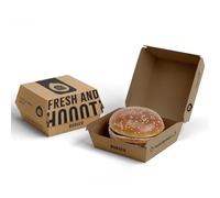 Orange packaging Kraft Burger Boxes 200 Pack | 10 x 10 x 8 cm Corrugated Cardboard | Generic Printed Design, Recyclable Takeaway Food Boxes for Burgers, Cafes & Catering, Disposable Containers