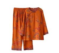 Orange Pajamas Women Chinese Clothes For Women Flower Patterned Loungewear 2 Piece Jacquard Weave Nightwear Button Cotton Shirts And Elasticated Waist Bottoms Sleepwear Casual Loungewear