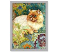Orange Persian Cat William Morris Inspired Floral Pattern Colourful Modern Illustration Artwork Framed Wall Art Print A4 Artery8 Light Grey One Size